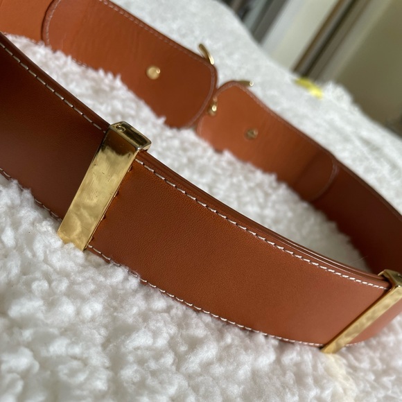 New J.McLaughlin Horse bit adjustable gold hardware leather brown belt s/m 2in - Picture 5 of 10